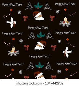 
New Year's pattern. Vector Christmas illustration with birds, candle, Santa for print, poster, banner, postcard, design.