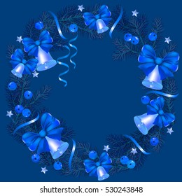  New Year's pattern. Wreath. Snowflakes. Winter Holidays Decoration. Vector set. Bow. Ribbon. Bell. Blue Spruce Branches. Fir.  Decorated wreath of pine branches. Hand drawn. vector illustration. 
