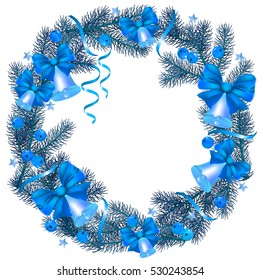  New Year's pattern. Wreath. Snowflakes. Winter Holidays Decoration. Vector set. Bow. Ribbon. Bell. Blue Spruce Branches. Fir.  Decorated wreath of pine branches. Hand drawn. vector illustration. 