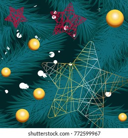New Year's pattern.Golden Christmas tree toys on the background of a green Christmas tree