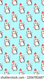 New Year's penguin with a lollipop and a New Year's hat. Seamless pattern, can be used as a background.