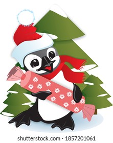 New year's penguin next to the tree.