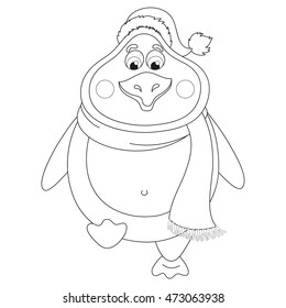 New Year's penguin in winter hat and scarf walks, fat birdie takes step, funny character raises paw, coloring book page for children, vector illustration