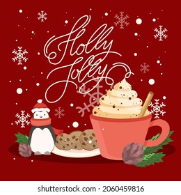 New Year's pictures with inscriptions of gifts and Christmas drinks. Christmas vector illustration