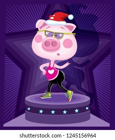 New year's pig dancing in the night club. Vector illustration.