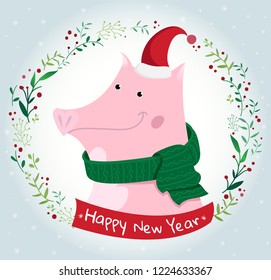 New Year's Pig in a green scarf and red hat, with a wreath and snowflakes on the background 
