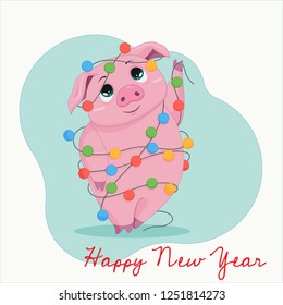 New Year's piggy in a multi-colored garland