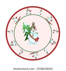 A New Year's plate decorated with snowmen, isolated on a white background.Vector tableware for Christmas designs.