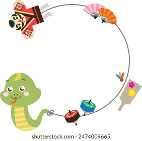 New Year's play frame with a cute snake running while flying a kite