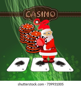 New Year's Poker casino. happy new year and christmas. Santa Claus holds poker chips and stands on the cards. illustration for your design.