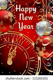 New Years Postcard with Clock face, Ribbons and Baubles