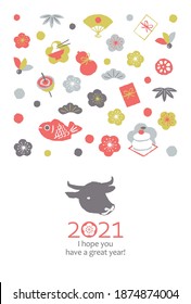 Neujahrs-Postkartendesign mit lustigen Illustrationen wie japanischem Neujahrsessen und Spielzeug