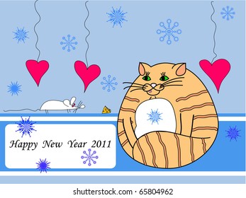 new years postcard with fat cat