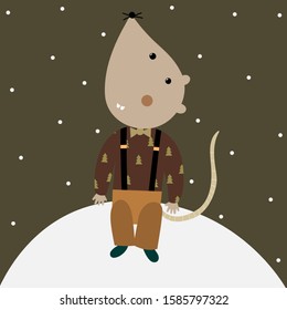 New year's postcard  with  hand drawn cartoon rat sitting on the snow and looking up at the fallin snowflakets - on the green background- symbol of 2020 year in the Chinese calendar.  