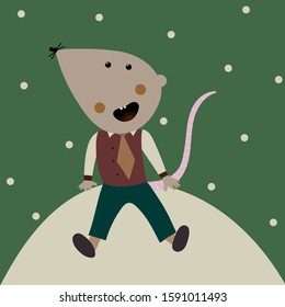 New year's postcard  with  hand drawn cartoon rat sitting on the snow and smiling- on the green background with snowflakes- symbol of 2020 year in the Chinese calendar. 
