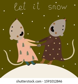 New year's postcard  with  hand drawn cartoon rats whirl holding hands on the snow and looking up at the fallin snowflakets - on the green background- symbol of 2020 year in the Chinese calendar.  