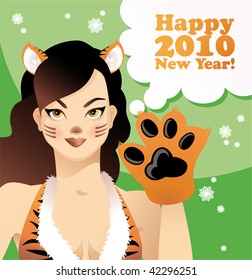 New year's postcard with portrait of cute cartoon young cat woman