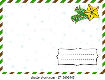 New Year's postcard. New Year greeting card template for sending. Christmas decor. Vector illustration on the theme of air mail and the new year. Christmas fir branches and golden star.