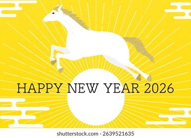 New Year's postcard for the year of the horse 2026, New Year's sunrise and white horse, New Year's postcard material, Vector Illustration