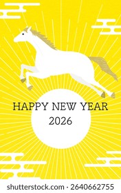 New Year's postcard for the year of the horse 2026, New Year's sunrise and white horse, New Year's postcard material, Vector Illustration