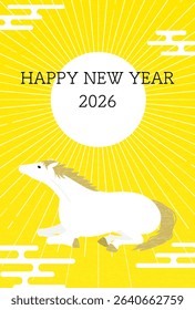 New Year's postcard for the year of the horse 2026, New Year's sunrise and white horse, New Year's postcard material, Vector Illustration