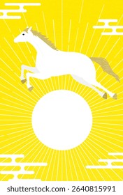 New Year's postcard for the year of the horse 2026, New Year's sunrise and white horse, New Year's postcard material, Vector Illustration