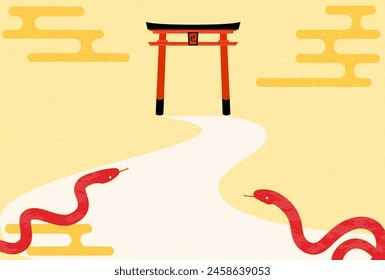 New Year's postcard for the year of the snake 2025, a snake heading for the torii gate of a shrine for the first time - Translation: Thank you again this year. Reiwa 7. Snake