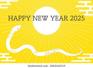 New Year's postcard for the year of the Snake 2025, New Year's sunrise and white snake, New Year's postcard material - Translation: Thank you again this year.