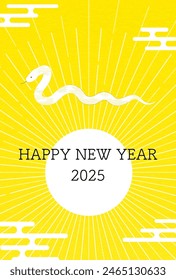 Postal del Año Nuevo para el año de la Serpiente 2025, amanecer del Año Nuevo y serpiente blanca, material de postal del Año Nuevo - Traducción: Gracias de nuevo este año.