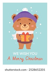 New Year's poster or card. Bear holding a gift. Snow.Cute character bear wearing hat and scarf holding present.