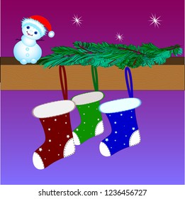 New year's poster .Christmas sock. Snowman. Christmas tree. Asterisk. Vector