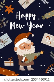 New Years poster. A gnome holding a Christmas tree. Santa Claus.