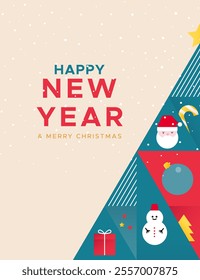 New Year's poster in a minimalist design with santa, toy and gift on a beige background. Merry Christmas and Happy New Year card.	