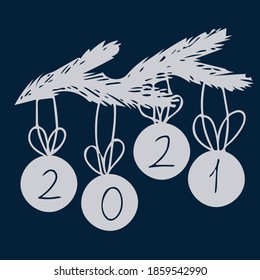 Afiche de Año Nuevo con ramas de abeto y bolas de Navidad en las que se escriben los números 2021. Ilustración vectorial en color plateado sobre fondo azul oscuro para un ánimo festivo y diseño.