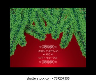 New Year's poster with spruce branches. Vector. Horizontal poster.