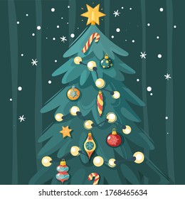 Afiche de Año Nuevo. Ilustración vectorial. Árbol de Navidad adornado en un fondo oscuro