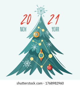 New Year's Poster. Vector illustration. Decorated Christmas tree with glass balls, snowflakes and garlands