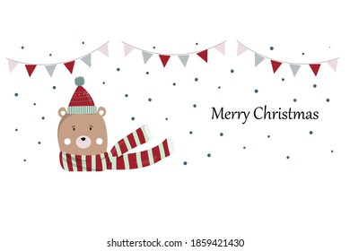 La impresión de Año Nuevo con un oso en un sombrero y una bufanda. un oso de peluche lindo al estilo escandinavo sobre un fondo blanco para el diseño de tazas. afiche de postales. dibujo de invierno infantil.