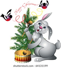 New year's rabbit with drum on background of the fir and bullfinches on white background