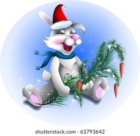 New Year's rabbit with a fir with carrots and a garland on a dark blue background