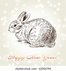 New Year's rabbit hand-drawn on creamy fawny background