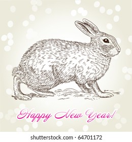 New Year's rabbit hand-drawn on creamy fawny background