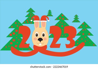 New Year's rabbit in Santa hats with numbers 2023