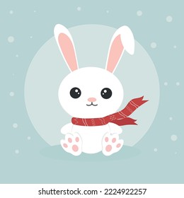 New Year's rabbit in a scarf. Cute holiday bunny. Vector illustration