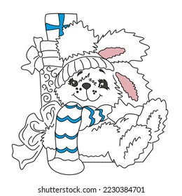 New Year's rabbit in a scarf.  Gifts for a new node.  New year 2023.  New Year's rabbit with horseshoes.  Holiday.  Unique vector image.