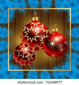 New Year's realistic balls with a pattern of gold stars against a background of wood texture and branches of a blue Christmas tree. Congratulatory poster.