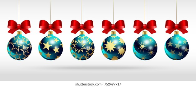 New Year's realistic Christmas balls with golden stars and red bows. Set.