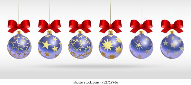 New Year's realistic Christmas balls with golden stars and red bows. Set.