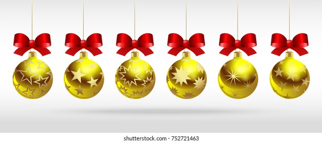 New Year's realistic Christmas balls with golden stars and red bows. Set.
