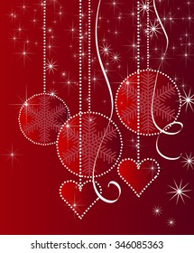 New Year's red background with white balls and snowflakes